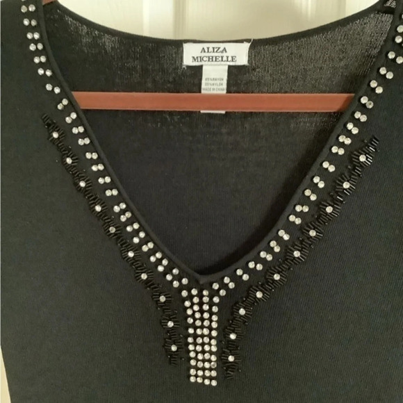 ALIZA MICHELLE~BLACK BLOUSE~ DEEP V~W FAUX DIAMONDS~ SMALL~ - Picture 3 of 4
